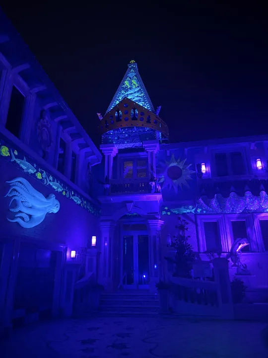 Sea-life mosaic tower and fish frieze under UV light